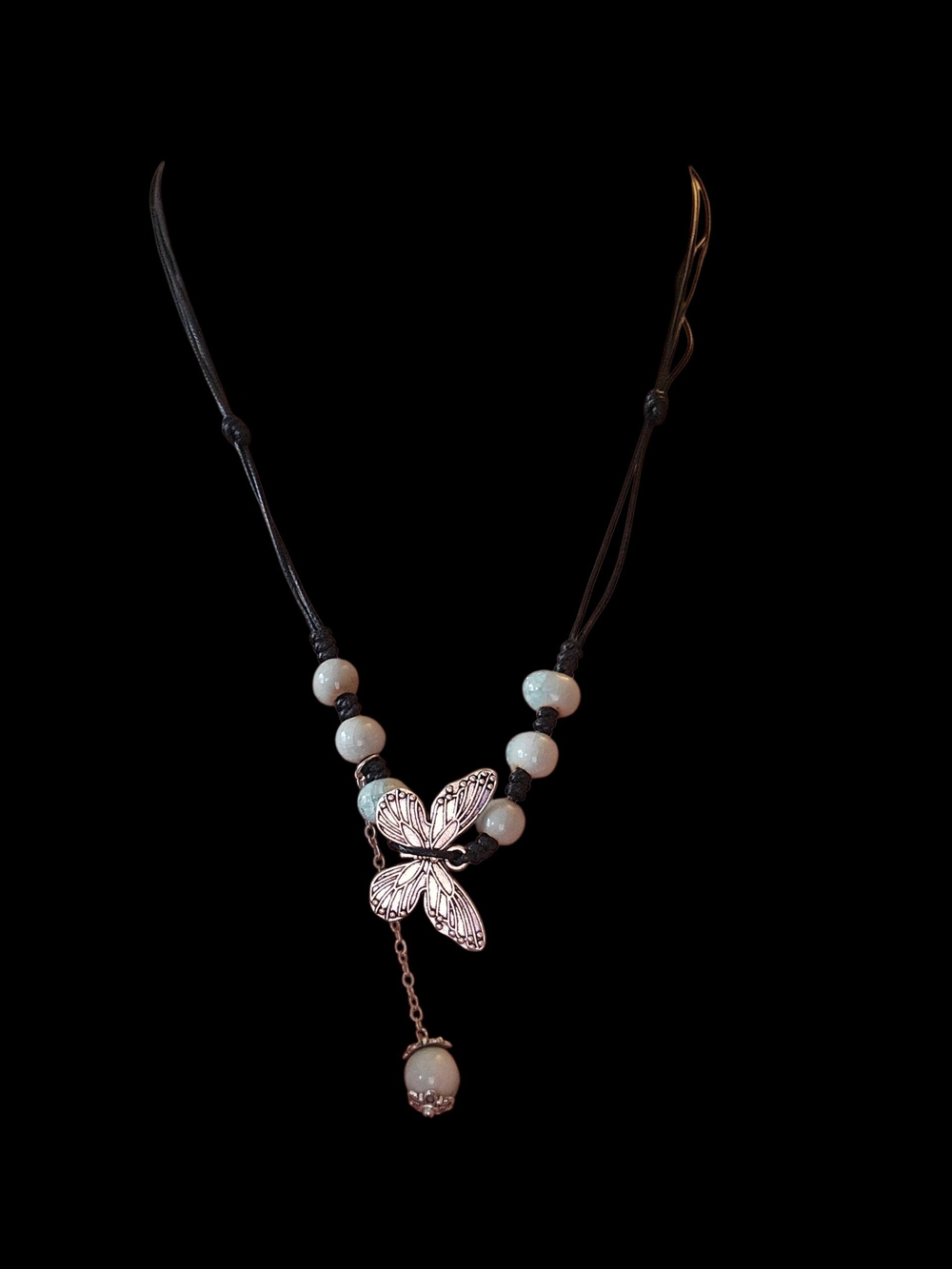 Adjustable Butterfly Pendant Beaded Necklace - White Beads